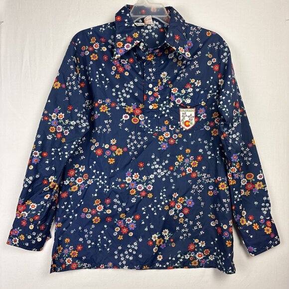 Vtg 70s SKYR 1/4 Button Floral Men's Large Shirt w Voyager Colorado Patch - Picture 1 of 14
